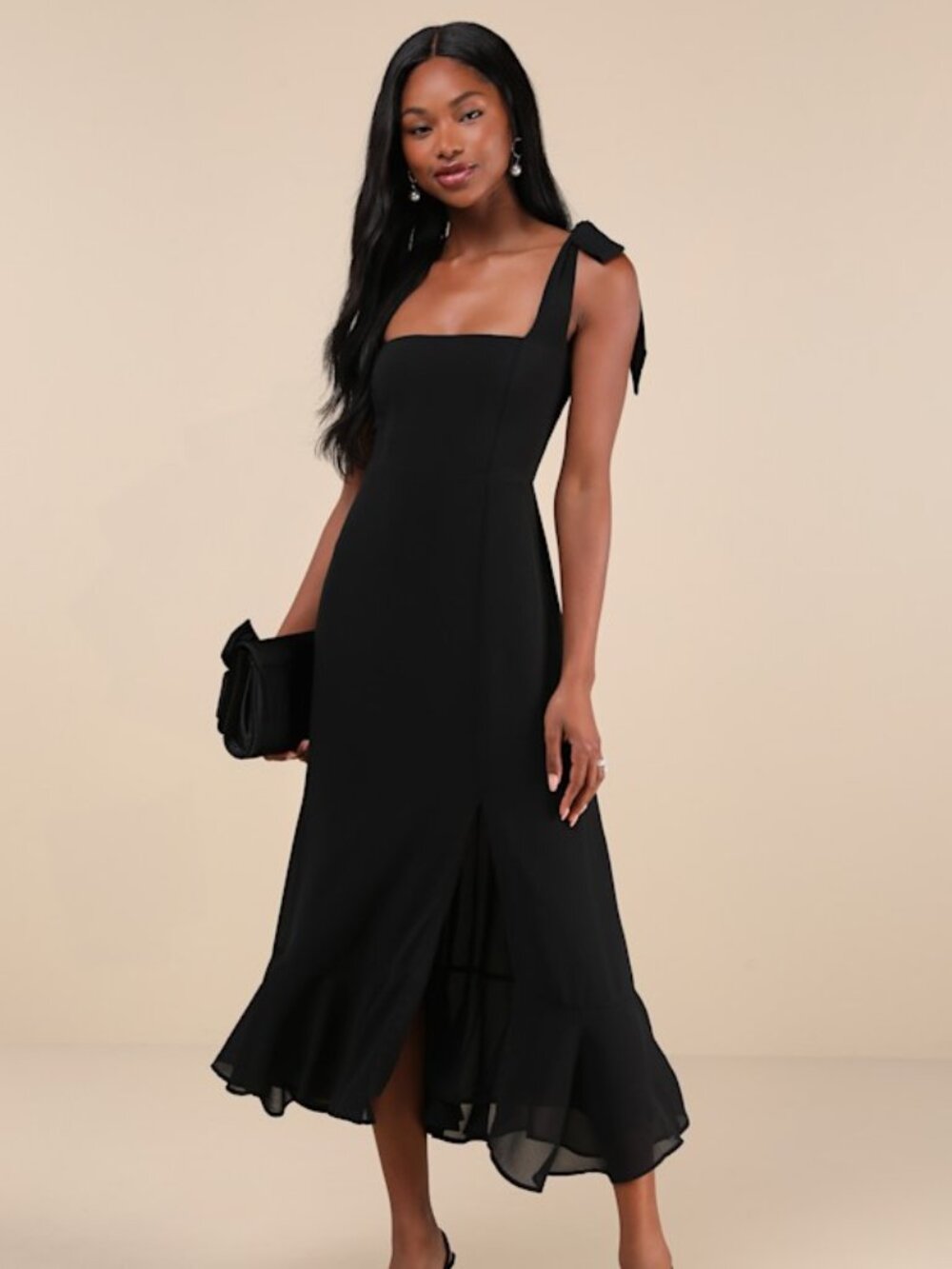 Lulus Summer Invite Black Tie-strap Tiered Midi Dress - Size L